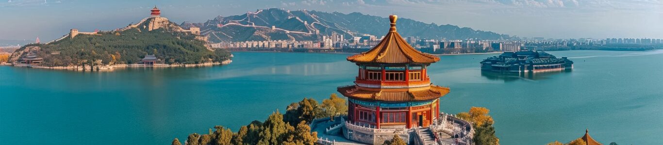 River view of China and temple.
